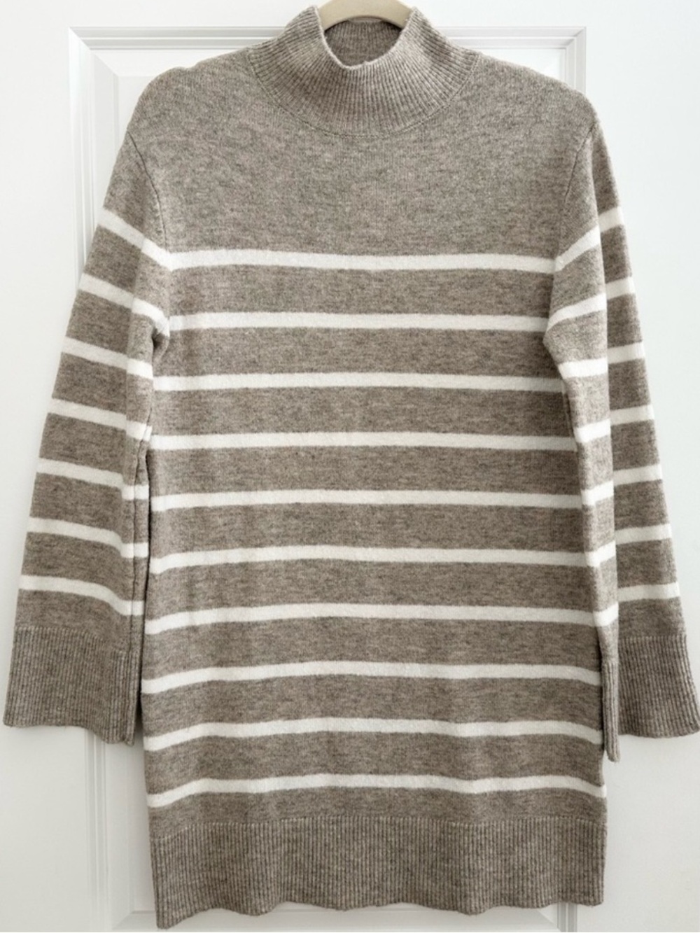 Z Supply Fall Striped Mock Neck Tunic Oversized Sweater - Oatmeal/ Taupe & White
